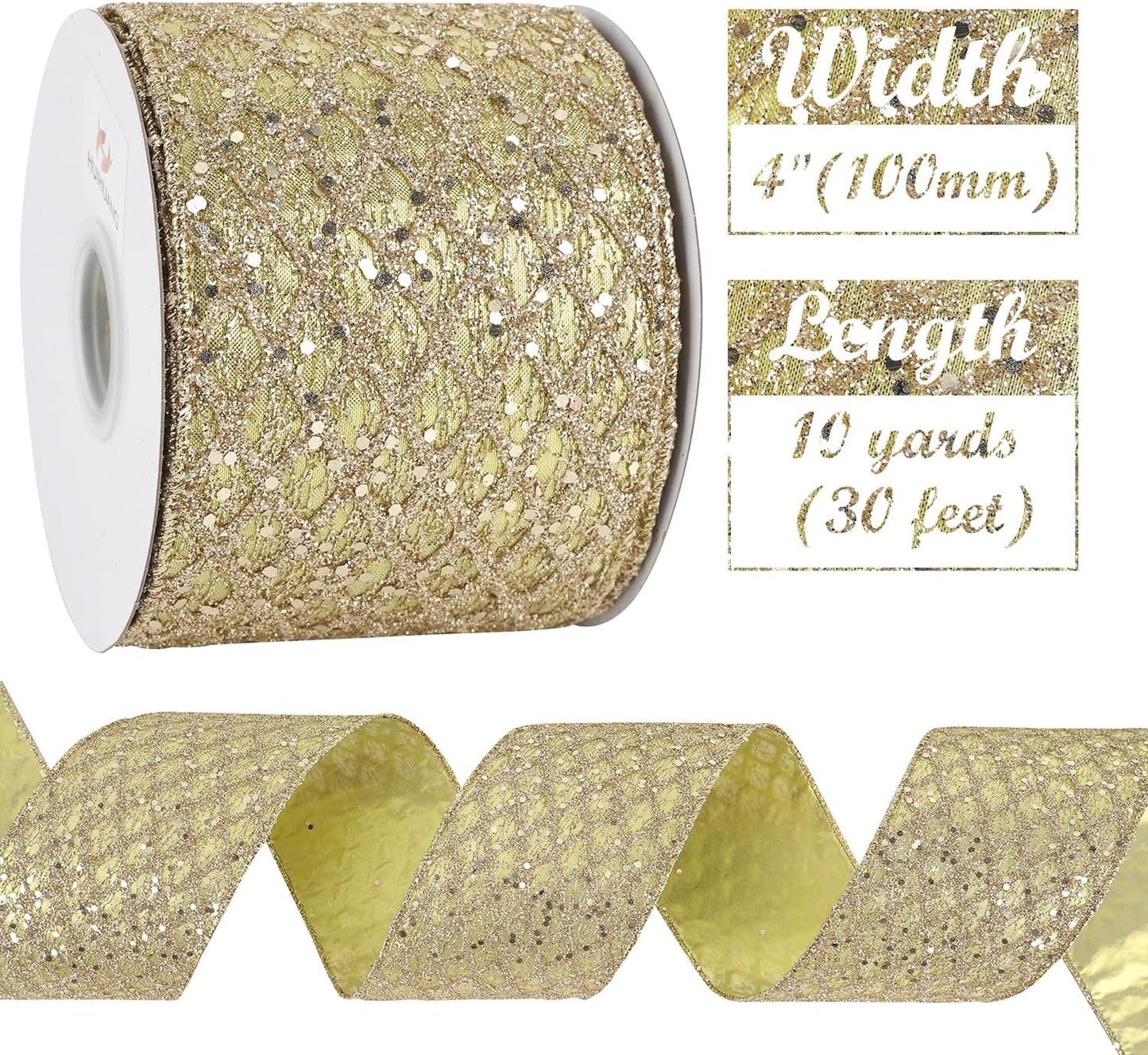 HUIHUANG Champagne Gold Christmas Ribbon 4 inch Glitter Wired Ribbon Diamond Mesh Wire Ribbon for X-mas Tree Decorations, Wreaths, Garland, Large Bows Making, Wedding Decor -10 Yards - Crafty Corner