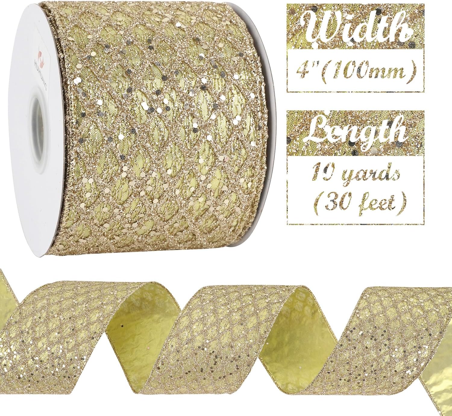 HUIHUANG Champagne Gold Christmas Ribbon 4 inch Glitter Wired Ribbon Diamond Mesh Wire Ribbon for X-mas Tree Decorations, Wreaths, Garland, Large Bows Making, Wedding Decor -10 Yards - Crafty Corner