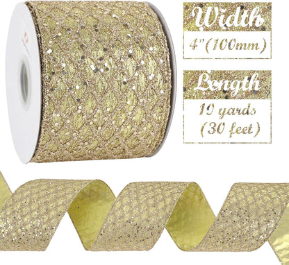 HUIHUANG Champagne Gold Christmas Ribbon 4 inch Glitter Wired Ribbon Diamond Mesh Wire Ribbon for X-mas Tree Decorations, Wreaths, Garland, Large Bows Making, Wedding Decor -10 Yards - Crafty Corner