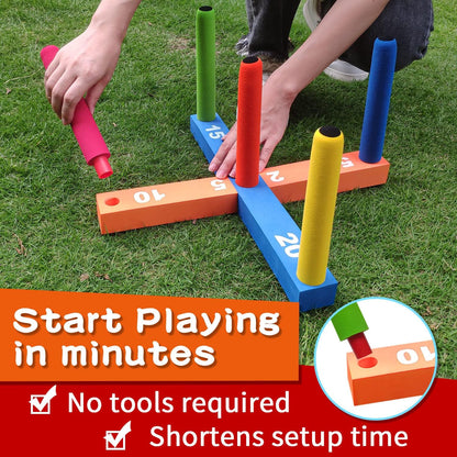 Ring Toss Game for Kids, Indoor & Outdoor Game for Family and Adults with 5 Poles, 2 Bases and 16 Rings in 4 Colors, Soft Foam Toy for Kids Backyard Ring Toss Fun