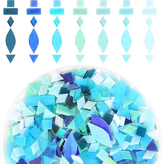 Glass Mosaic Tiles Pieces for Crafts: LATIIZ 320Pcs Bule Color Mixed 5 Shapes Stained Bulk Art Supplies for Making Decor Project DIY Lamp Vase Coaster Stepping Stone for Adults Beginners Mosaicist