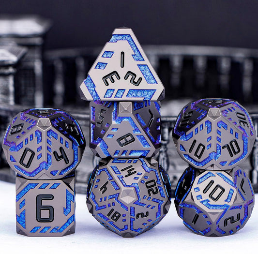 Metal DND Sci-fi Dice Set 7PCS Stripe Polyhedral Dice for Dungeons Dragons RPG Role Playing Game, Glitter D and D Dice with Gift Box D6 D8 D10 D12 D20 (Black&Blue Purple)