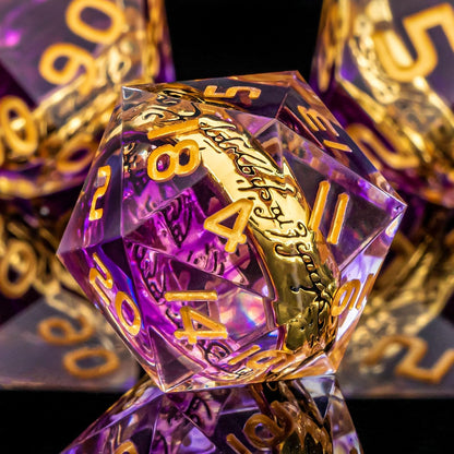 OUKELANWO Magic Lord Rings DND Dice Set with Box, 7Pcs Resin LOTR D&D Dice Set for Role Playing Game, Purple Gold Dungeons Dragons D and D Sharp Edge Dice D20 D12 D10 D8 D6 D4