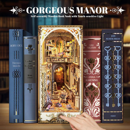 Book Nook Kit, DIY Miniature Dollhouse Kit Book Nook, 3D Wooden Puzzle Bookends for Bookshelf Insert Decor with LED Light for Teens and Adults (Baroque Dreams)