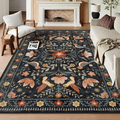 Morebes Washable 8x10 Area Rugs for Living Room Non Slip, Boho Botanical Soft Birds Bug Moody Rugs for Bedroom, Ultra-Thin Floral Flower Throw Carpet for Classroom Home Office Dorm Room, Black/Multi