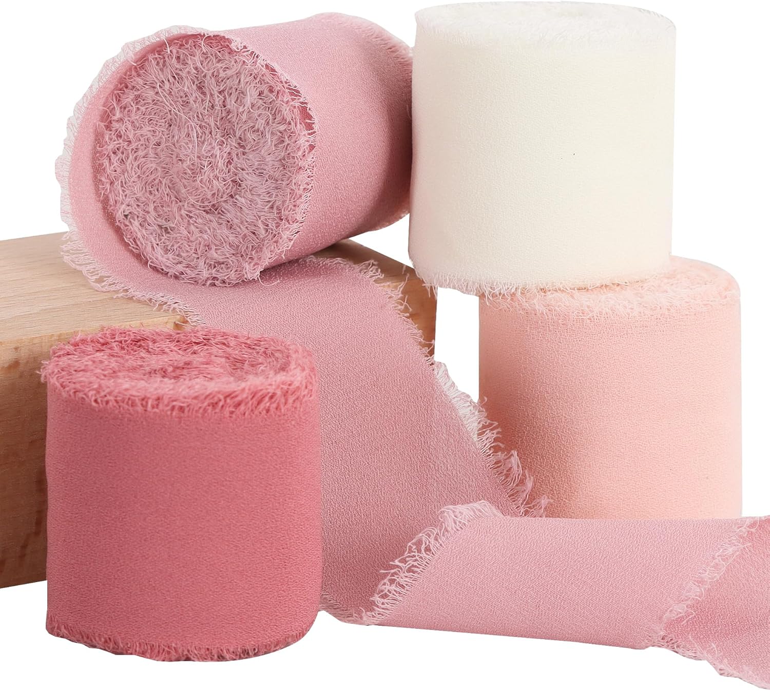 TONIFUL 4 Rolls Silk Chiffon Ribbon, 1-1/2 Inch x 22yds, Dusty Pink and Cream Chiffon Ribbons Set, Handmade Fringe Silk Ribbon for Gift Wrapping Bridal Bouquets Wedding Invitations Decoration Crafts - Crafty Corner