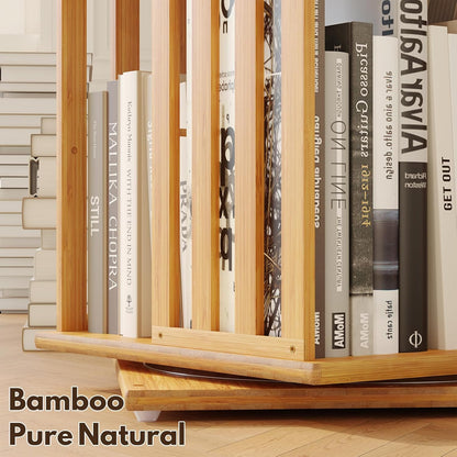 XIMN 360° Rotating Bamboo CD/DVD Shelf - 6-Tier Space-Saving Media Storage Cabinet for Movies, Organizer with Super Compact Design (Nature, 4 Tier)