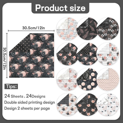 Scrapbook Paper 12x12 inch, 24 Sheets DIY Origami Decorative Craft, Double sided printing, Photo Album Decor Wooden-free Paper for Gift Wrapping Card Making Collage Album Decorative (Black)