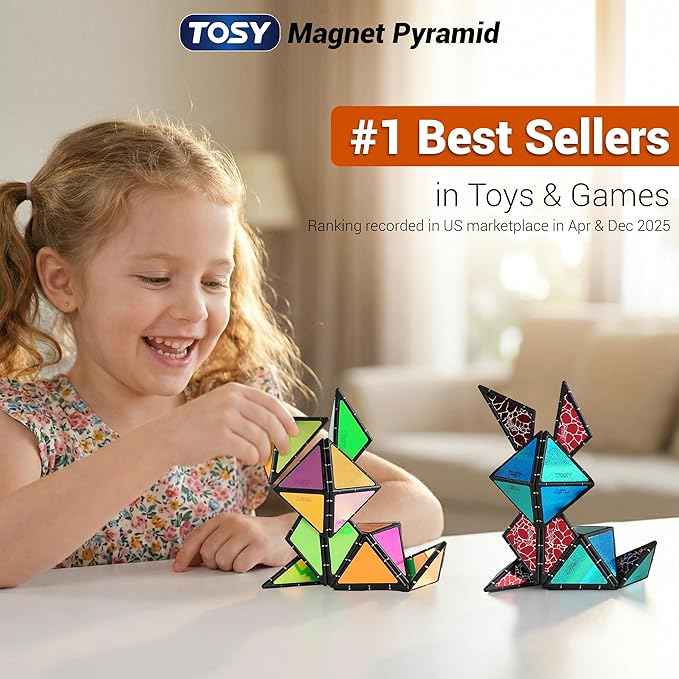 TOSY Magnet Pyramid Glow - 1 Cube Transforms into 1 Billion Shapes (Bunny, Egg, Flowers, Heart), Easter Basket Stuffers Gift, 12 pcs, 243 Magnets, Glowing, Holographic Design, Puzzle/STEM Toy, 4-Pack