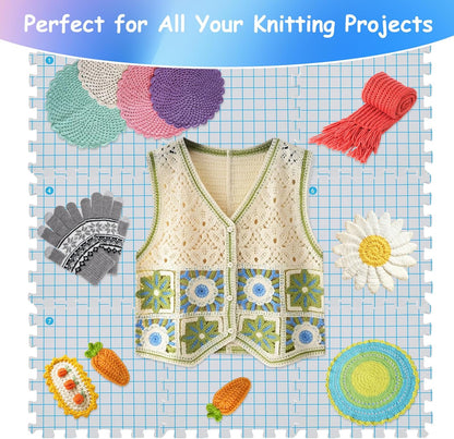 MEVOME Blocking Mats for Knitting with 20pcs Knitting Blockers 200 T-pins 104 Locking Stitch Markers, Extra Thick Block Boards with Grids Storage Bag for Needlepoint Crochet - Pack of 9 (White)
