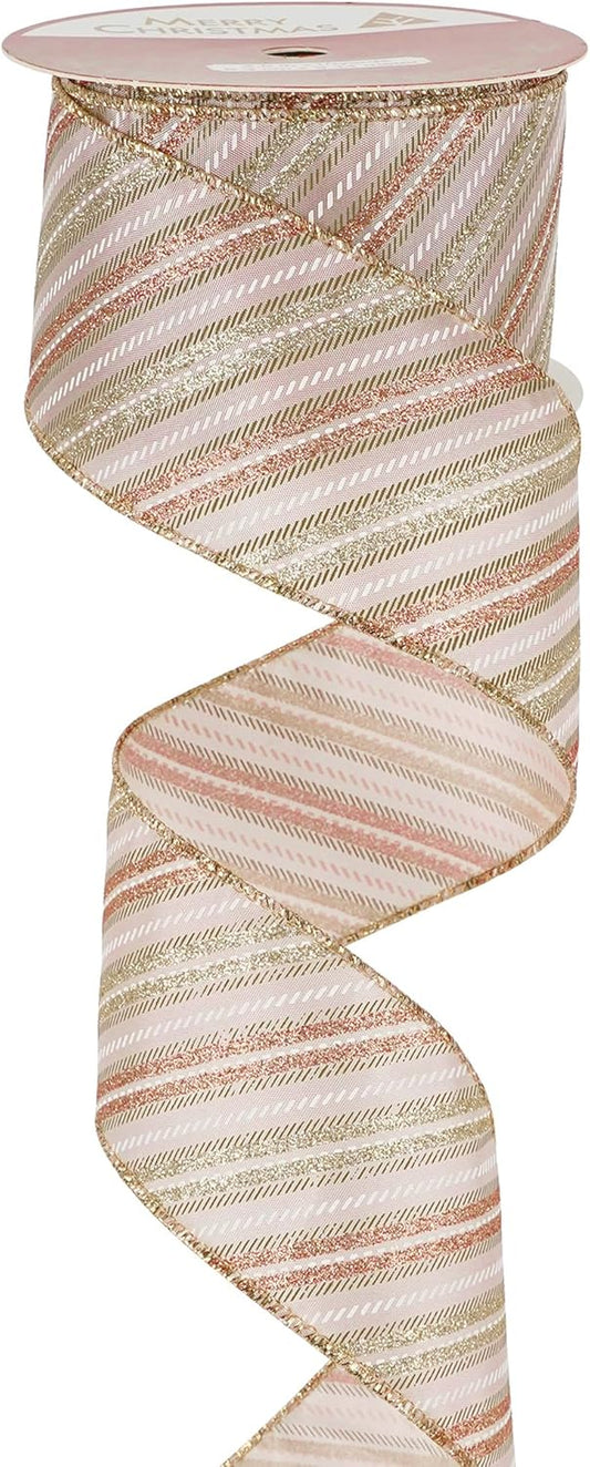 MEEDEE Pink Diagonal Striped Ribbon 2.5 Inch Blue Satin with Rose Gold and Champagne Glitter Wired Ribbon for Christmas Tree, Garlands, Wreaths, Topper Bow (10 Yards) - Crafty Corner