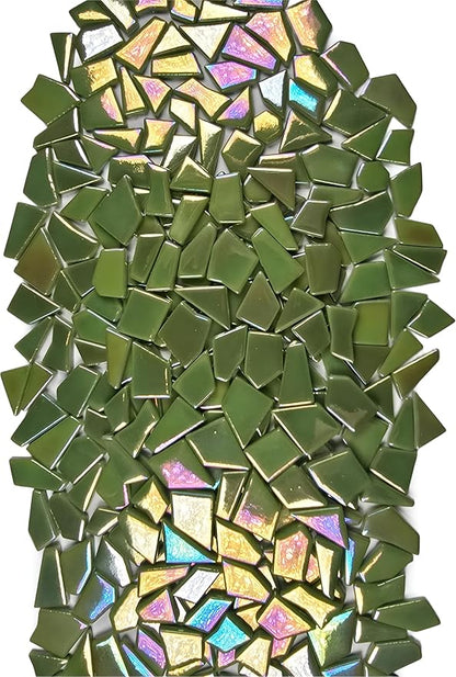 Irregular Glass Mosaic Tiles Bulk 500g Glossy and Iridescent Mosaic Glass Tiles for DIY Projects and Arts and Crafts Solid Colors and Mixes (Iridescent Olive Green)