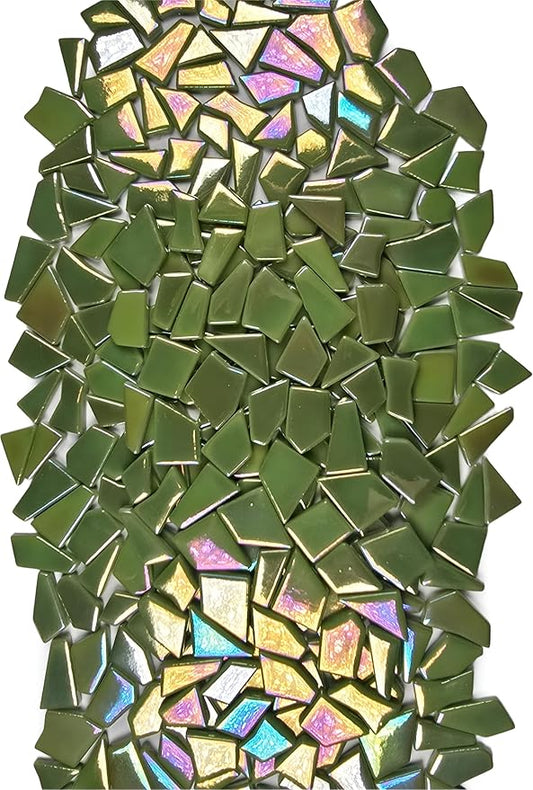 Irregular Glass Mosaic Tiles Bulk 500g Glossy and Iridescent Mosaic Glass Tiles for DIY Projects and Arts and Crafts Solid Colors and Mixes (Iridescent Olive Green)