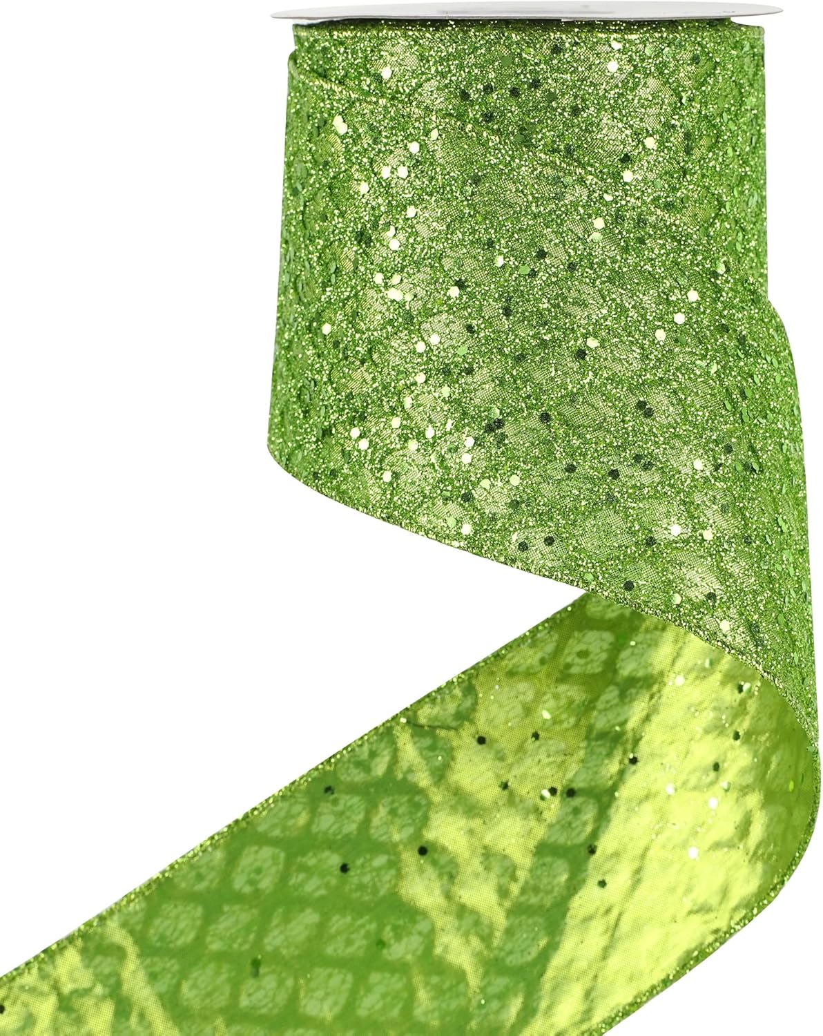 HUIHUANG Lime Green Glitter Wired Ribbon - 4 inch x 10 Yards (30 Feet) - Polyester Material - Perfect for Christmas, Halloween & More - Geometric Pattern - Wired Edges for Easy Shaping - Crafty Corner