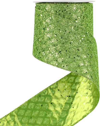 HUIHUANG Lime Green Glitter Wired Ribbon - 4 inch x 10 Yards (30 Feet) - Polyester Material - Perfect for Christmas, Halloween & More - Geometric Pattern - Wired Edges for Easy Shaping - Crafty Corner