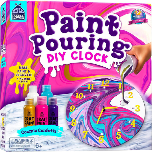 Acrylic Pouring Paint DIY Clock Kit - Creative Kids Painting Kit - 6 7 8 9 10 11 12 Year Old Girl Gift Ideas, Birthday & Christmas Gifts for 6-12 Year Old Boys & Girls - Crafts for Kids 6-8 8-12 - Crafty Corner