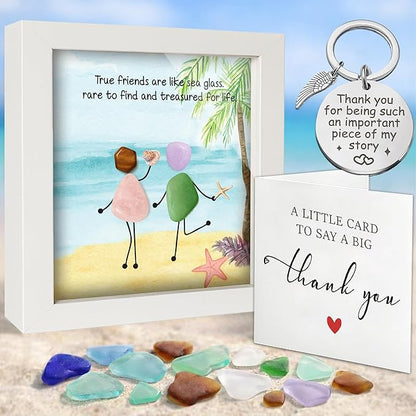 Friendship Birthday Gifts for Women, 5.5" Sea Glass Art Frame Best Friend Wall Art Decor, Engraved Bestie Keychain, Thank You Card, Appreciation Presents for Her Sisters, BFF, Besties, Friends S94-55