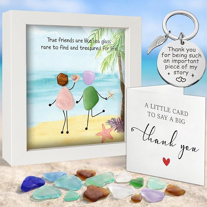 Friendship Birthday Gifts for Women, 4.7" Sea Glass Art Frame Best Friend Wall Art Decor, Engraved Bestie Keychain, Thank You Card, Appreciation Presents for Her Sisters, Friends, BFF, Besties S94-47