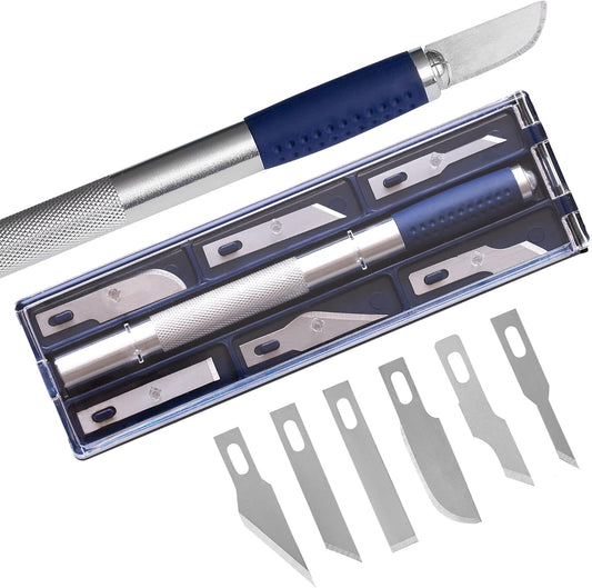 WA Portman Hobby Knife Set – 1pc Precision Knife with 6 Assorted Carbon Steel Hobby Blades – 7pc Craft Knives Kit for Cutting, Carving, Modeling, and DIY Craft Projects