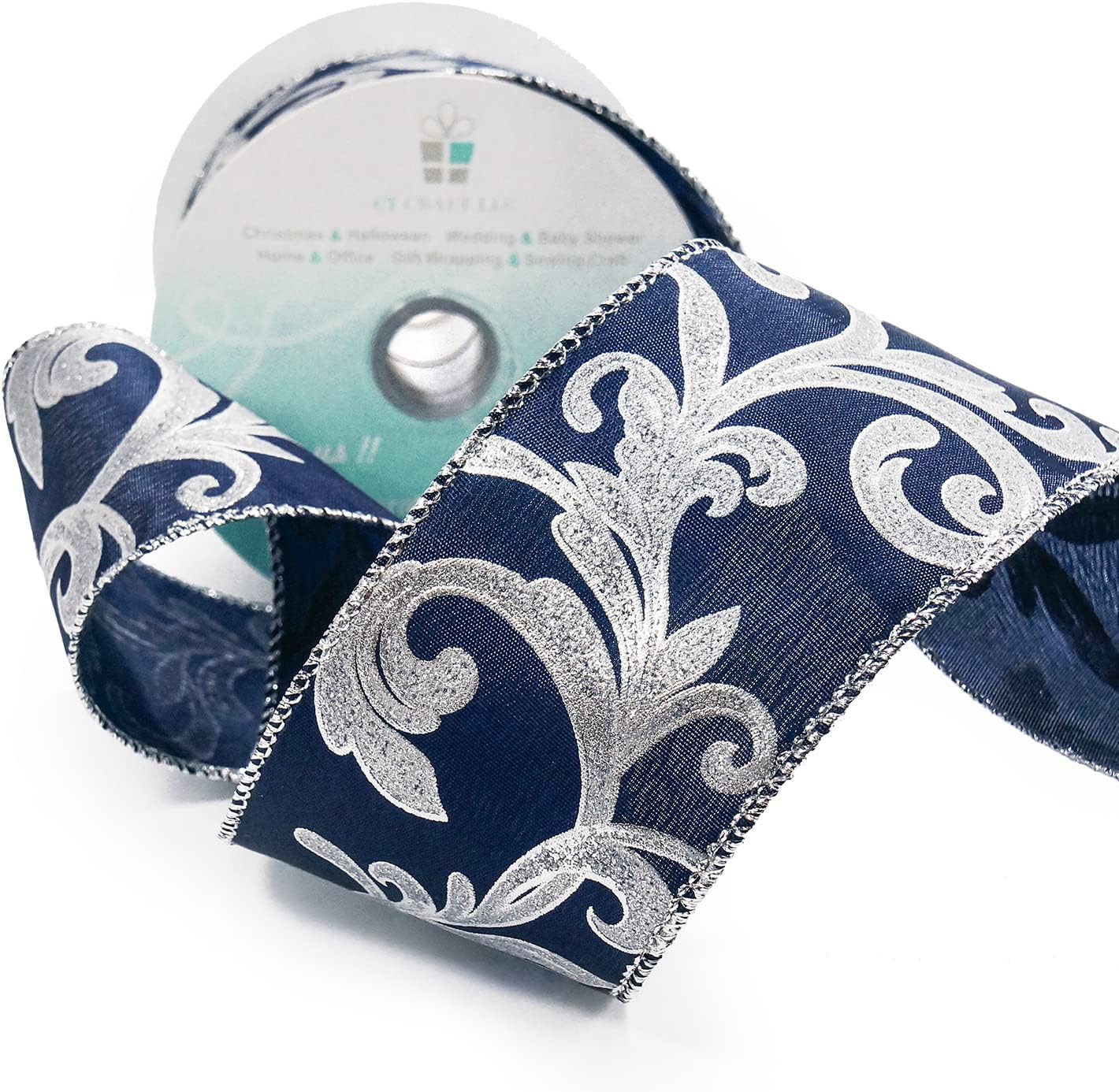 CT CRAFT LLC Royal Satin Silver Swirl Wired Ribbon 2.5 Inch x 10 Yards for Christmas Home Decor Tree Topper Bow Gift Wrapping DIY Crafts Wreath Garland - Crafty Corner