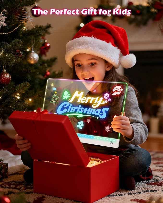 Rechargeable LED Drawing Board for Kids, 17-Inch Glow Doodle Drawing Pad with 7 Colors & 4 Light Modes, Neon Light Up Acrylic Dry Erase Note Board with Stand, Hanging Chain, 12 Markers, Birthday Gifts