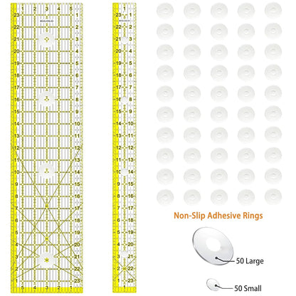 Acrylic Ruler 7 Piece Set, Non Slip Rings 50 Pieces, Quilting Rulers, Size (6"x24"), (2"x24"), (3"x18"), (3"x8"), (1.5"x12"), (1"x12"), (1"x6") (Yellow-7 Piece Set)