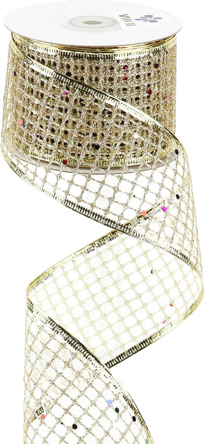 MEEDEE Champagne Gold Glitter Ribbon - 2.5 Inch Square Mesh Net Wired Ribbon with Rainbow Sparkle for Christmas Tree Decoration, Wreath Bow Making (25 Yards) - Crafty Corner