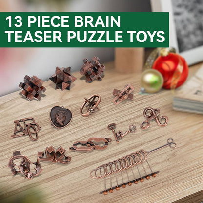 13 Pcs Brain Teaser Puzzles for Adults Teens - Metal Puzzles 3D Puzzle Game Toys for Adults Teens - Wooden Unlock Interlocking Puzzle Adult IQ Education Smart Toys