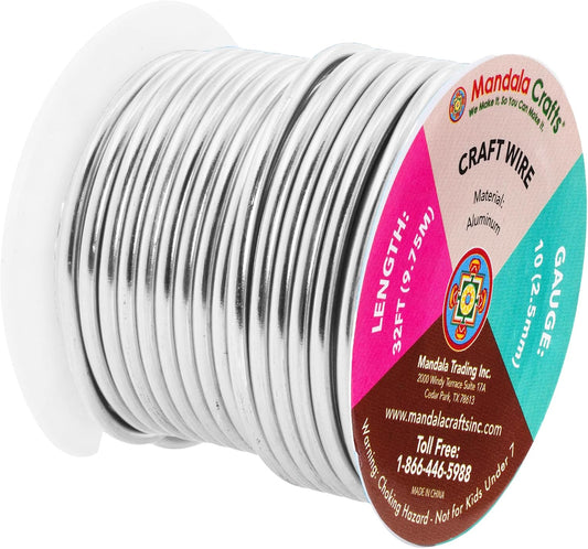 Mandala Crafts 10 Gauge Anodized Aluminum Craft Wire for Jewelry Making - 32 FT Colored Flexible Silver Wire - Bendable for Bonsai Armature Crafting Sculpting - Crafty Corner