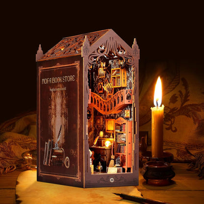 DIY Book Nook Kit, Miniature Dollhouse Bookshelf Insert with LED Light, 3D Wooden Puzzle Bookend Insert, Perfect for Teens and Adults, Magic Book