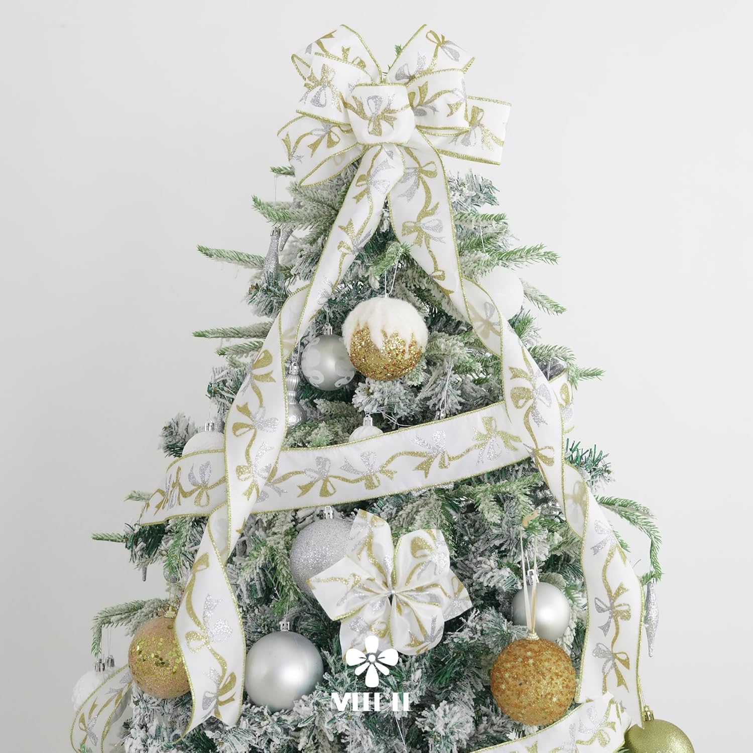 MEEDEE Gold & Silver Christmas Ribbon - 2.5 Inch White Satin with Glittery Bows Pattern - 10 Yards Wired Ribbon for Tree, Garlands & Toppers - Crafty Corner