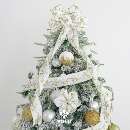 MEEDEE Gold & Silver Christmas Ribbon - 2.5 Inch White Satin with Glittery Bows Pattern - 10 Yards Wired Ribbon for Tree, Garlands & Toppers - Crafty Corner