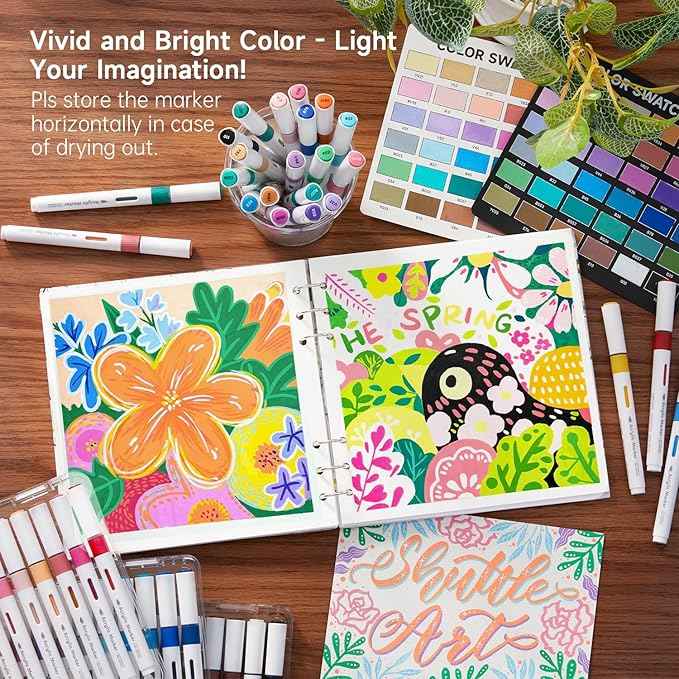 Shuttle Art Automatic Ink Control Acrylic Paint Markers, 60 Colors Brush Tip Acrylic Paint Pens for Rock Painting, Ceramic, Wood, Canvas, Glass, Stone, Fabric, Card Making, DIY Supplies, FlipFunAlong