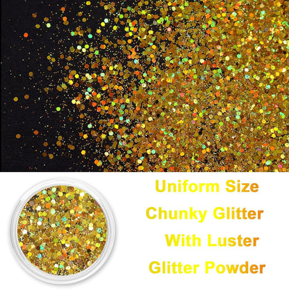 Renfio Holographic Glitter, 2.11oz/60g Medium Size Chunky Mix, Ultra Fine Gold Sequins for Crafts, Christmas, Resin, PET Flakes for Nail Art, Tumblers, Slime - Laser Gold