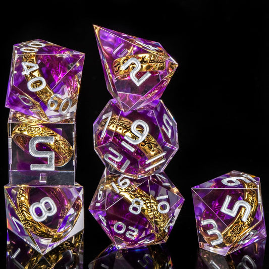 OUKELANWO Magic Lord Rings DND Dice Set with Box, 7Pcs Resin LOTR D&D Dice Set for Role Playing Game, Purple Dungeons Dragons D and D Sharp Edge Dice D20 D12 D10 D8 D6 D4