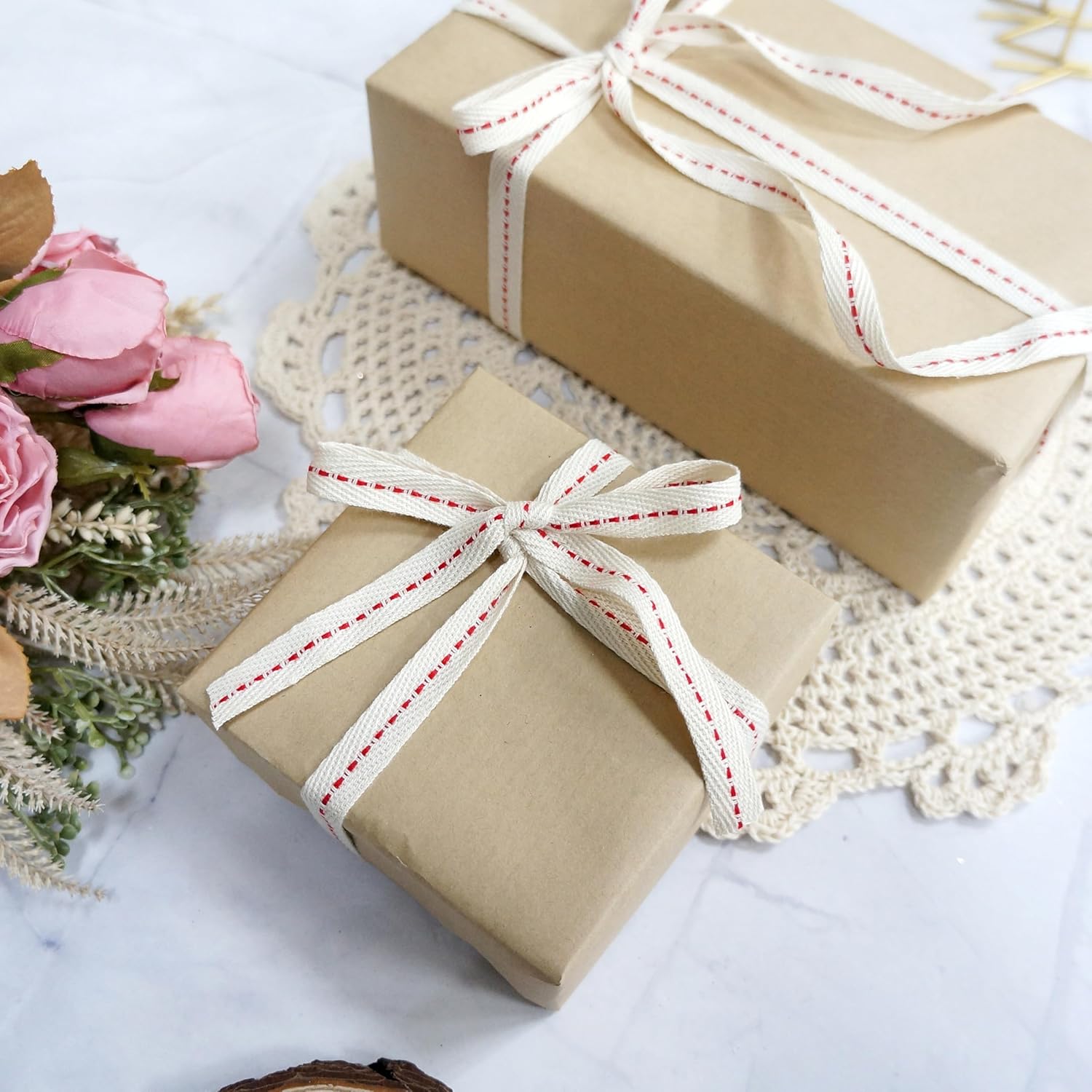CT CRAFT LLC Ivory Cotton Red Stitched Ribbon 3/8" x 10 Yards for Home Décor Gift Present Wrapping DIY Crafts Birthday Wedding Bouquet Christmas - Crafty Corner