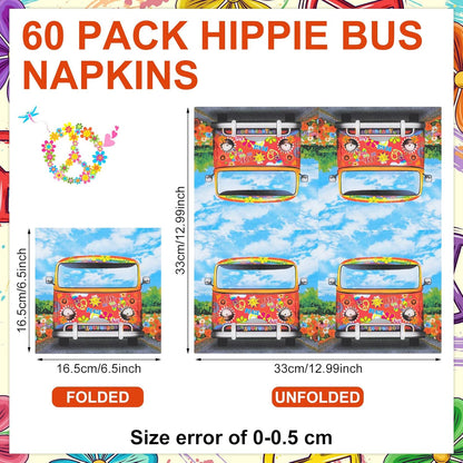 60 Pcs 60's 70's Hippie Party Cocktail Paper Napkins 6.5 x 6.5 Inches Disposable Paper Napkins Dessert Beverage Napkin for Decoupage Luncheon Napkin for Theme Party Wedding Birthday