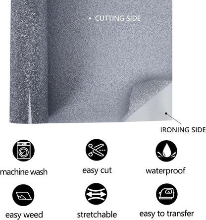 FUNKAKA Glitter Silver HTV Heat Transfer Vinyl Rolls, 12" x 25ft PU Iron on Vinyl for T-Shirt Silver Glitter HTV Vinyl for All Cutter Machines Easy to Cut & Weed for Heat Vinyl Design