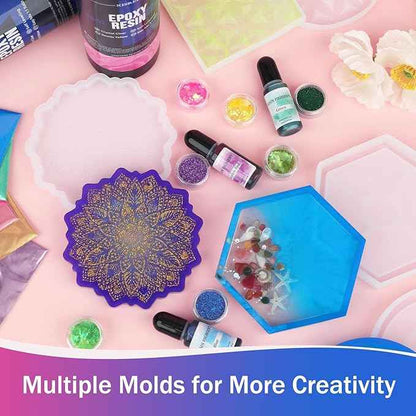 KISREL Epoxy Resin Kit for Beginners, 32oz Resin Kit with Coaster Molds, Complete Accessories Include Pigment, Mica Powders, Dried Flowers, Glitter, Measuring Cups and Other Resina Supplie