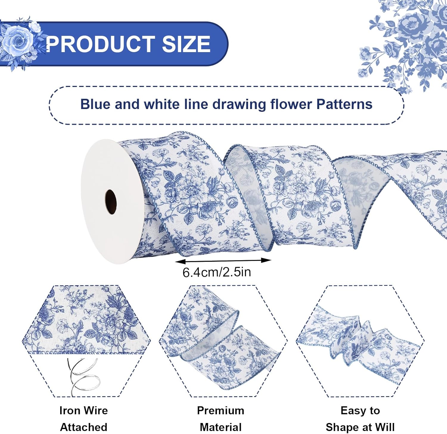 Generic AnyDesign Floral Wired Edge Ribbon Blue Flower Craft Ribbon Chinoiserie Decorative Fabric Ribbon for DIY Crafts Wreath Bow Making, 12 Yards - Crafty Corner