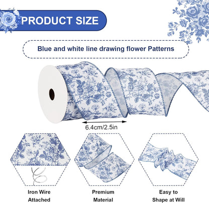 Generic AnyDesign Floral Wired Edge Ribbon Blue Flower Craft Ribbon Chinoiserie Decorative Fabric Ribbon for DIY Crafts Wreath Bow Making, 12 Yards - Crafty Corner