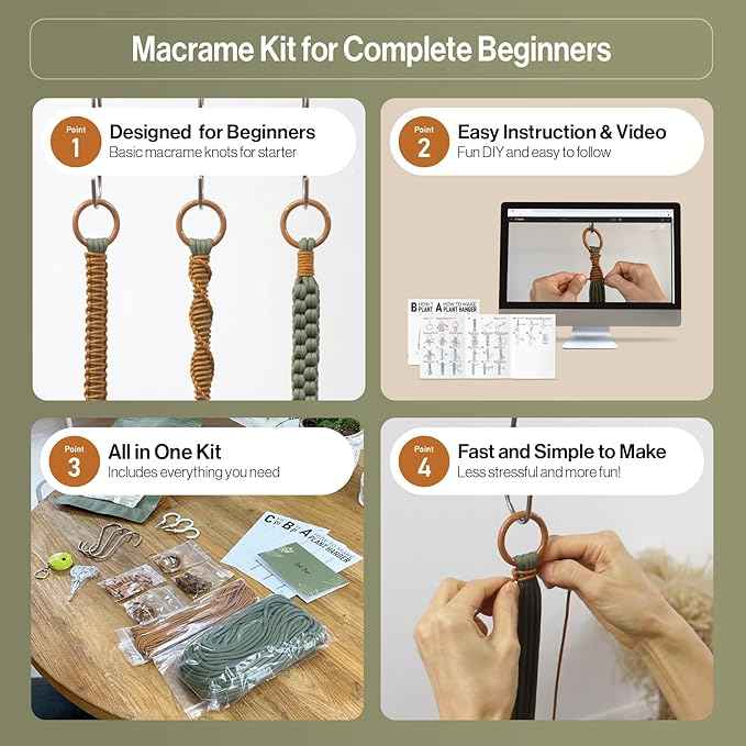 Macrame Kits for Beginners, 3 Set of Plant Hangers DIY Kit: Braided Polyester Ropes 50yds*5mm Forest Green, 20yds*2mm Burnt Orange, 60+Pcs Supplies with Step-by-Step Easy Instructions (GROR)
