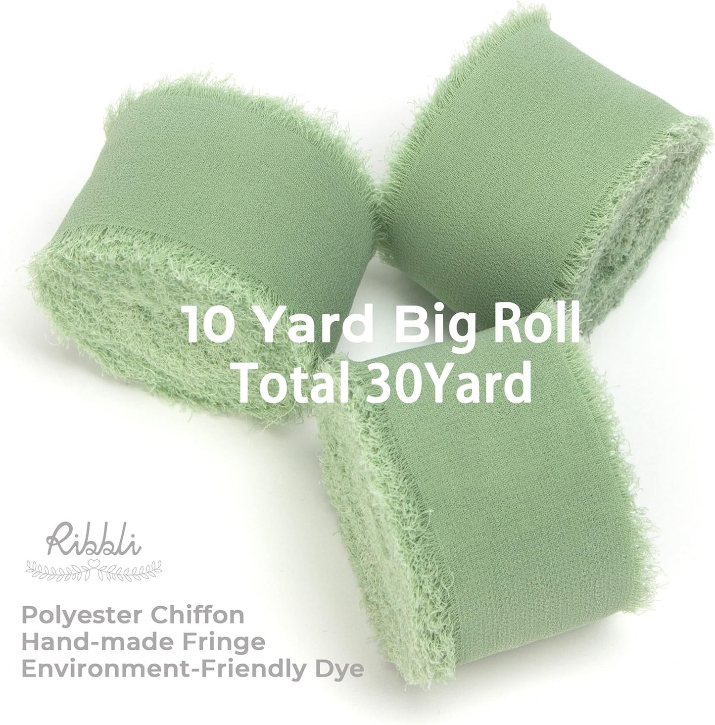 Ribbli Sage Green Chiffon Ribbon 1-1/2 inch x 30 Yard Handmade Fringe Chiffon Sage Silk, Sage for Wedding Invitations, Bridal Bouquets Wrapping, Flower Arrangement Decoration - Crafty Corner