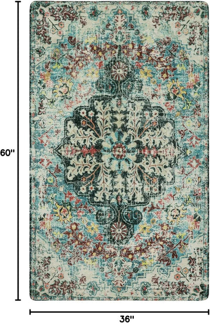 Lahome Bohemian Floral Medallion Area Rug - 3x5 Washable Bedroom Rug Entryway Mat, Non Slip Pet Friendly Turkish Nursery Carpet for Kitchen Sink Camper Couch Living Dining Room Office Hardwood