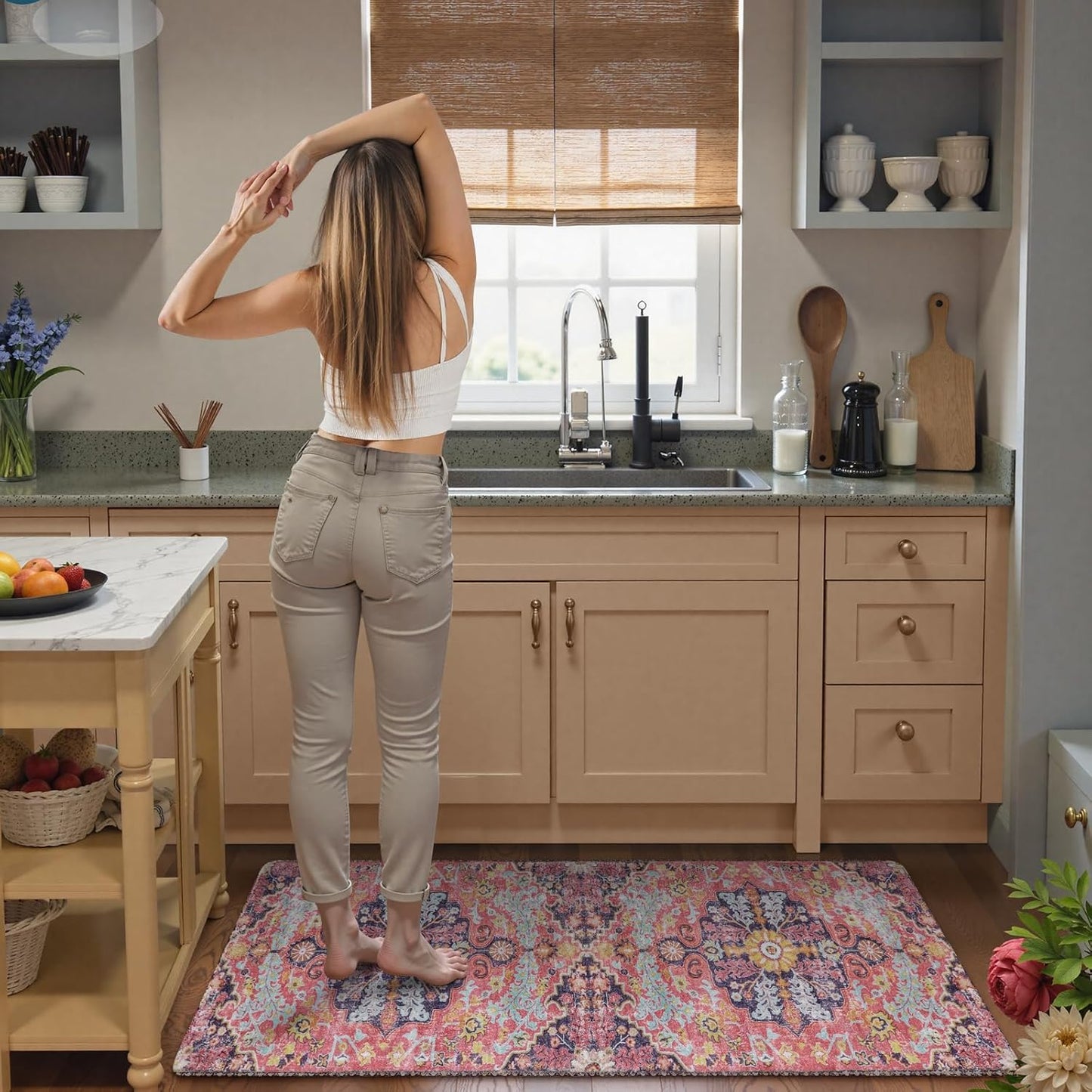 Lahome Bohemian Floral Medallion Runner Rug - 2x6 Hot Pink Hallway Runner Laundry Mat, Machine Washable Non-Slip Soft Indoor Carpet for Bathroom Bedside Basement Camper Home Decor, Fuchsia/Multi