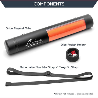 Quiver Time Black XL Orion Playmat Tube - TCG MtG Playmat Tube Case with Waterproof Zipper, Hidden Dice Pocket, Adjustable Removable Shoulder Strap, See-Through Window, Fits 14" and 15" playmats