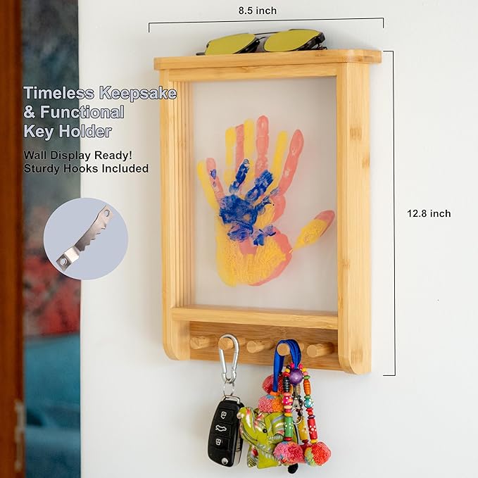 Family Handprint Kit & Key Holder – DIY Eco-Friendly Bamboo Keepsake Kit with Non-Toxic Paints, Personalized Baby Gifts for Family, New Parents & Grandparents, Unique Gift for Baby Showers