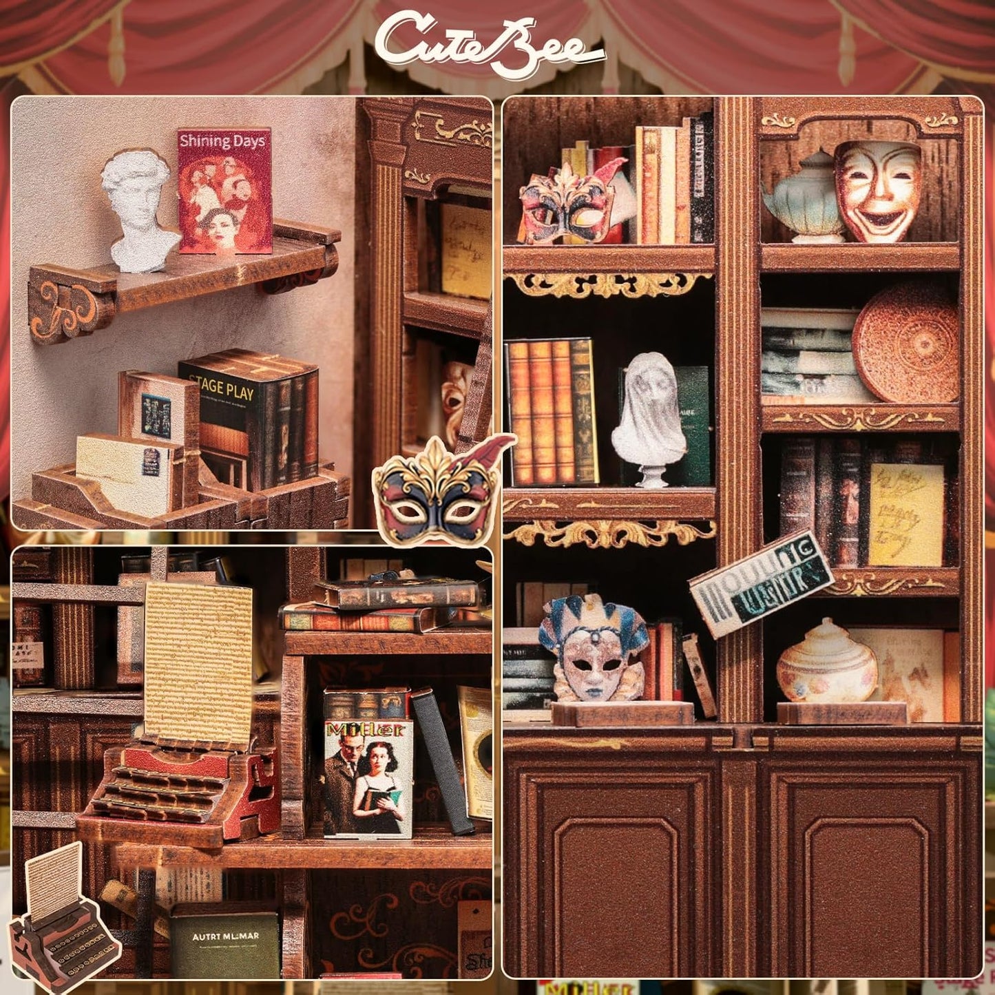 CUTEBEE Book Nook Kit - DIY Miniature House Dollhouse Kit for Adults and Teens, Booknook Tiny House Bookshelf Decor 3D Wooden Puzzle, Gifts for Family Friends (Drama Bookshop)