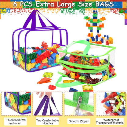 6 Colors Widen X-Large Storage Bags 12.6×9.25×6.9In with Labels, Reusable Clear PVC Board Game Storage, Travel Waterproof Organizer Bags with Zipper for Building Blocks, Puzzle, Stuffed Animals