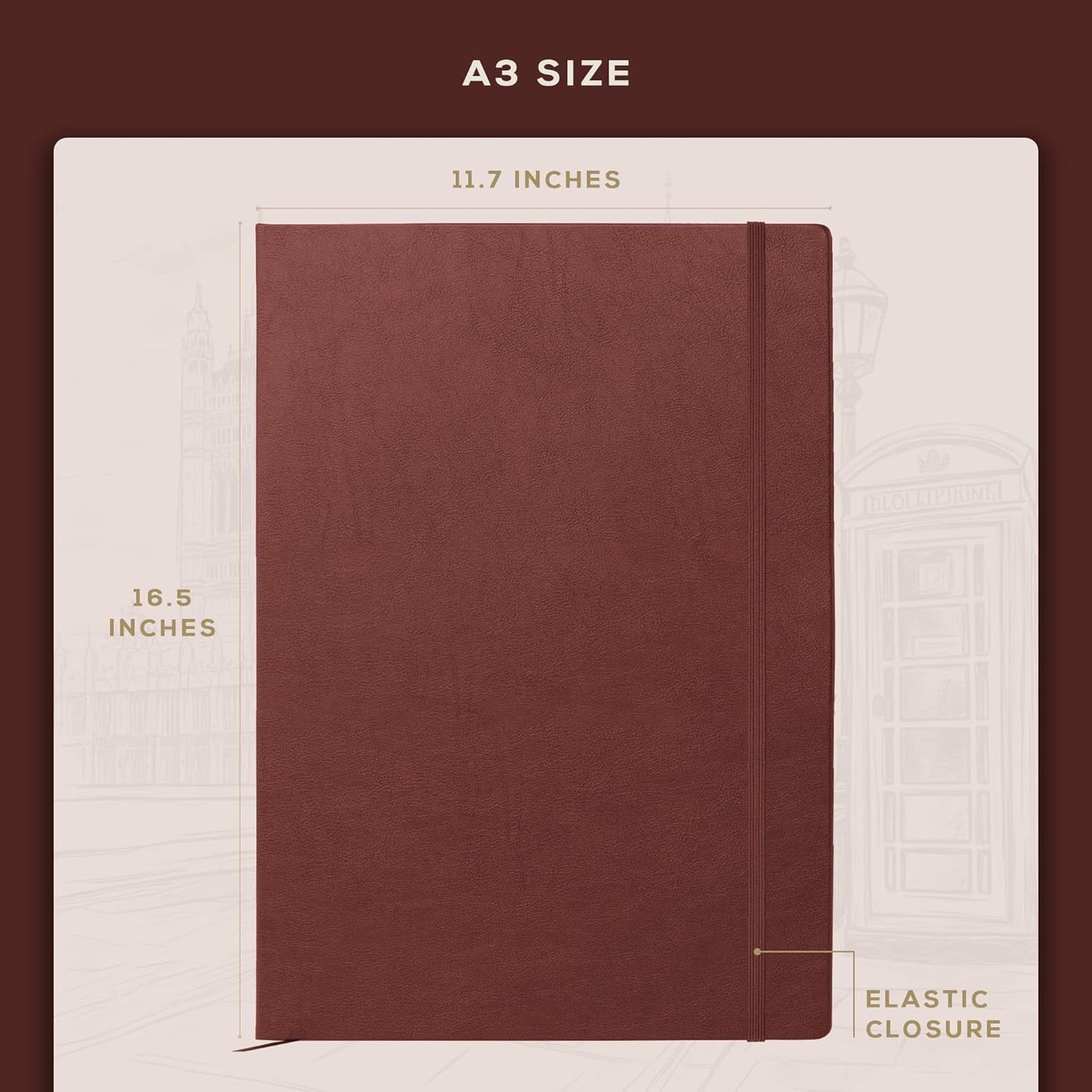 Beechmore Books A3 Sketchbook – 11.7x16.5 Premium Vegan Leather Bound Large Sketch Book Hardcover with 160 Thick 160gsm Perforated Ivory Pages, Blank Sketch Pad Gift Boxed Back Pocket Ribbon Bookmark - Crafty Corner
